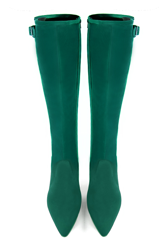 Emerald green women's knee-high boots with buckles. Tapered toe. High block heels. Made to measure. Top view - Florence KOOIJMAN